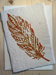 Schreibkarte Feder rot-gold